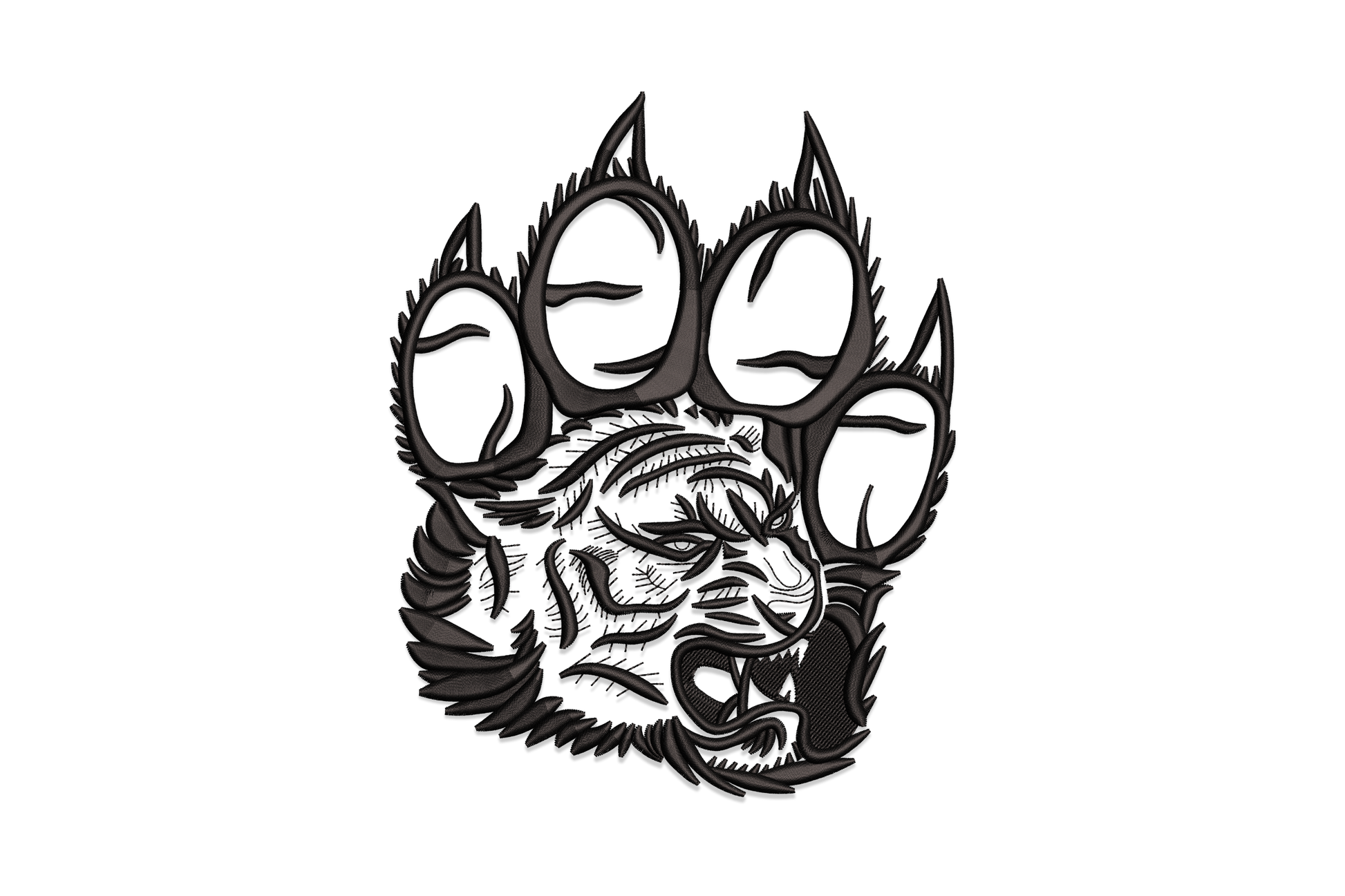 Wolf paw print embroidery with four claws and a snarling wolf face inside the pad, single colour tattoo style.