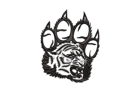 Wolf paw print embroidery with four claws and a snarling wolf face inside the pad, single colour tattoo style.