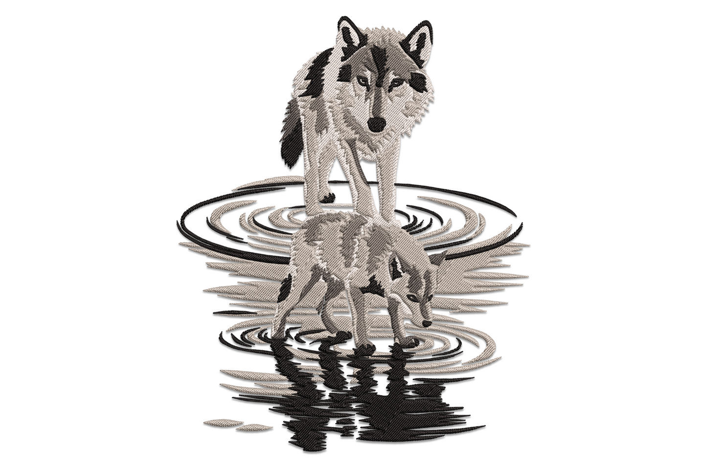 Wolf embroidery design with wolf standing above its water reflection in concentric ripple rings, monochrome grey and black.