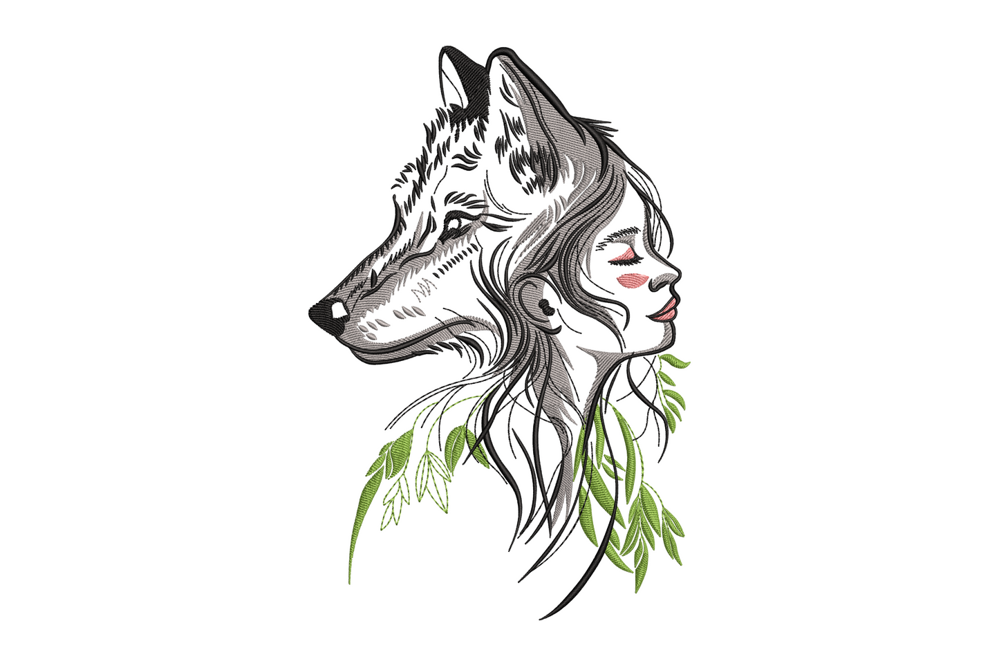 Wolf and woman double-exposure embroidery design showing a wolf head and woman's face merged in profile, facing left, with green botanical leaves trailing at the neck.