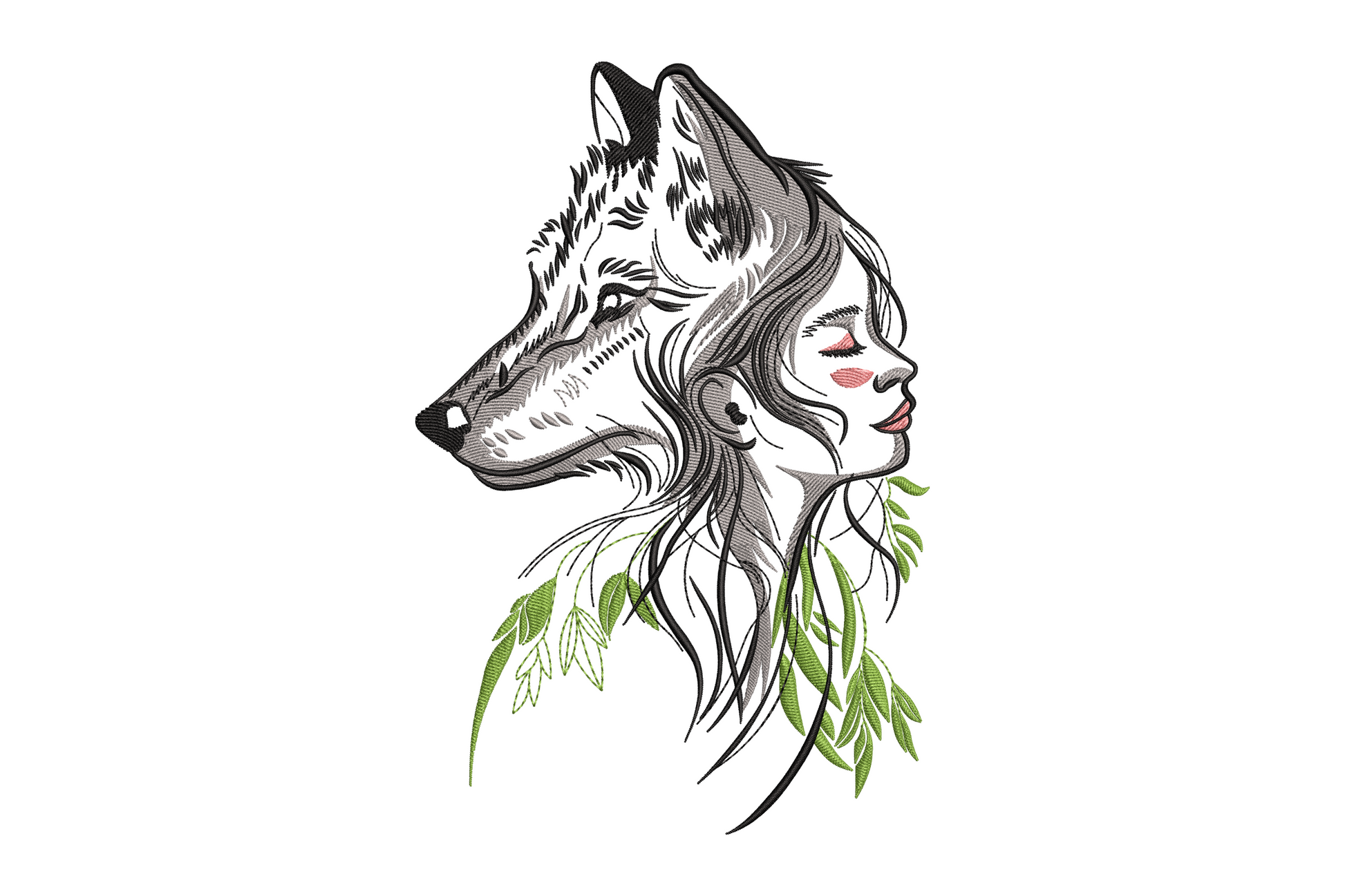 Wolf and woman double-exposure embroidery design showing a wolf head and woman's face merged in profile, facing left, with green botanical leaves trailing at the neck.