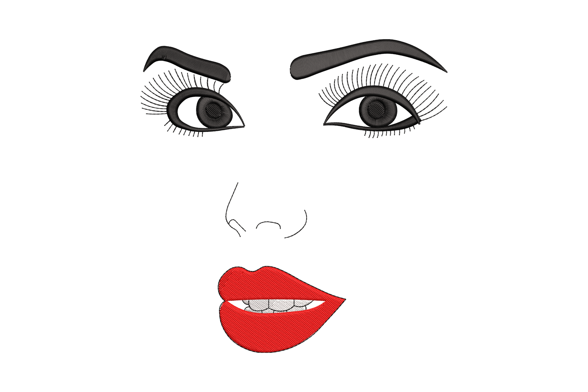Woman eyes and lips line art embroidery design, floating black eyes with lashes and red lips in bold surrealist beauty style.