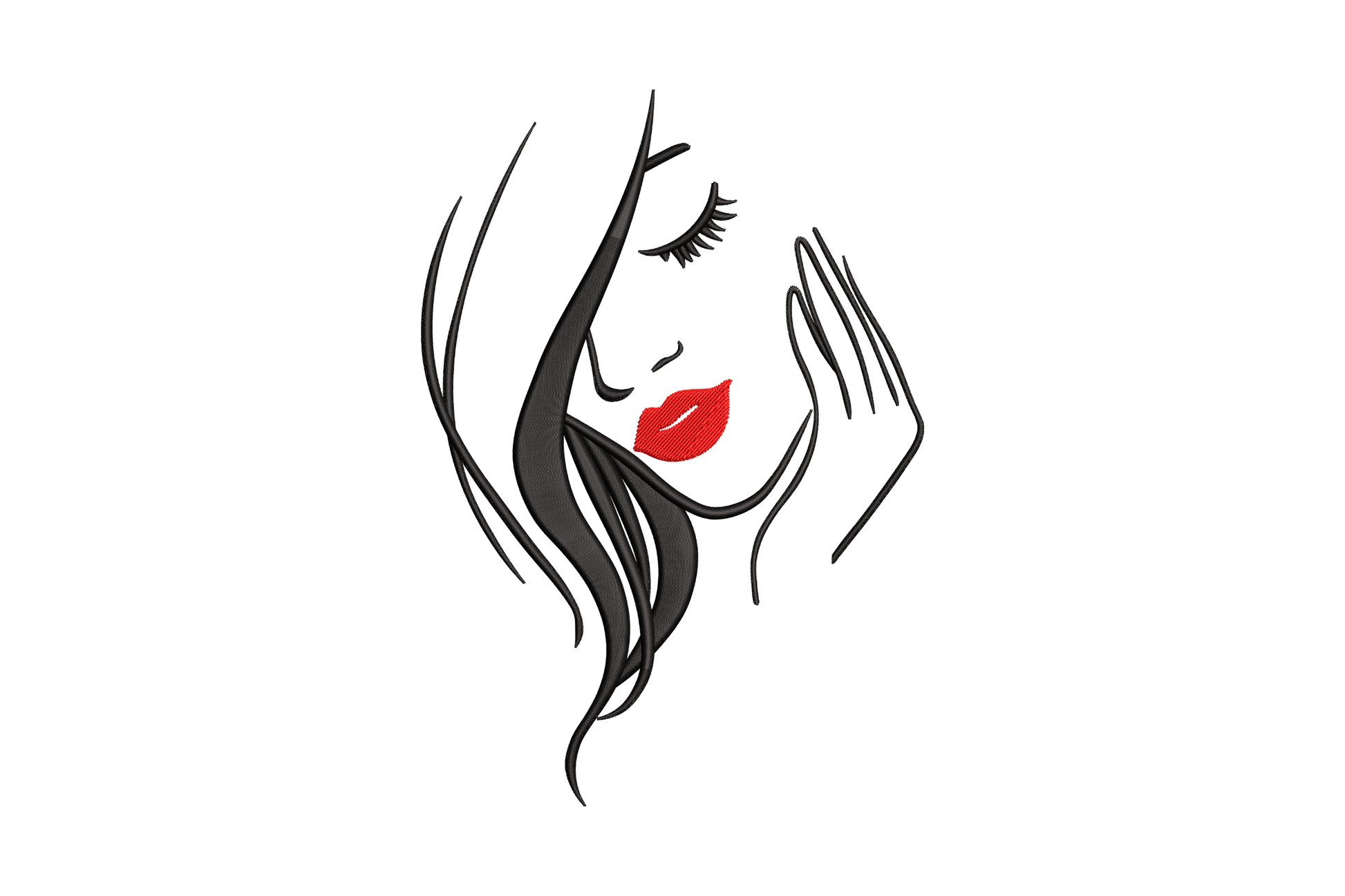Woman face line art embroidery design, black satin stroke hair and profile with red lip accent, minimalist fashion illustration style.