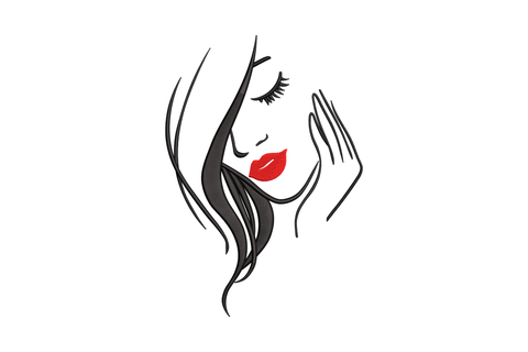 Woman face line art embroidery design, black satin stroke hair and profile with red lip accent, minimalist fashion illustration style.