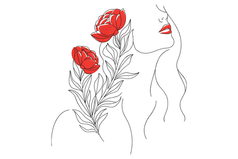 Minimalist line art woman face in profile with red peony flowers embroidery design, black running stitch outline and red satin flowers, 9 sizes.