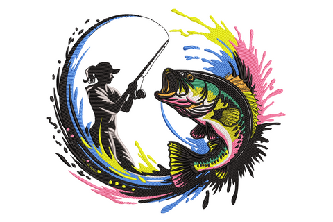 Woman fishing silhouette embroidery, ponytail cap, bent rod, lime green bass leaping, magenta cyan yellow splash ring