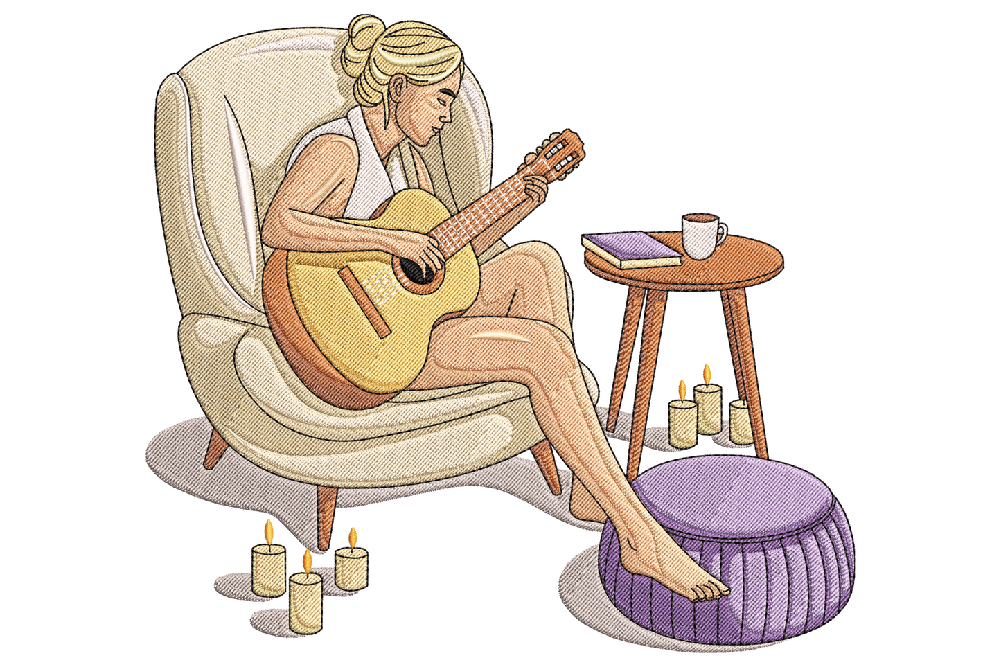 Woman playing acoustic guitar embroidery design seated in cream armchair with candles and side table, soft peach and lavender tones.