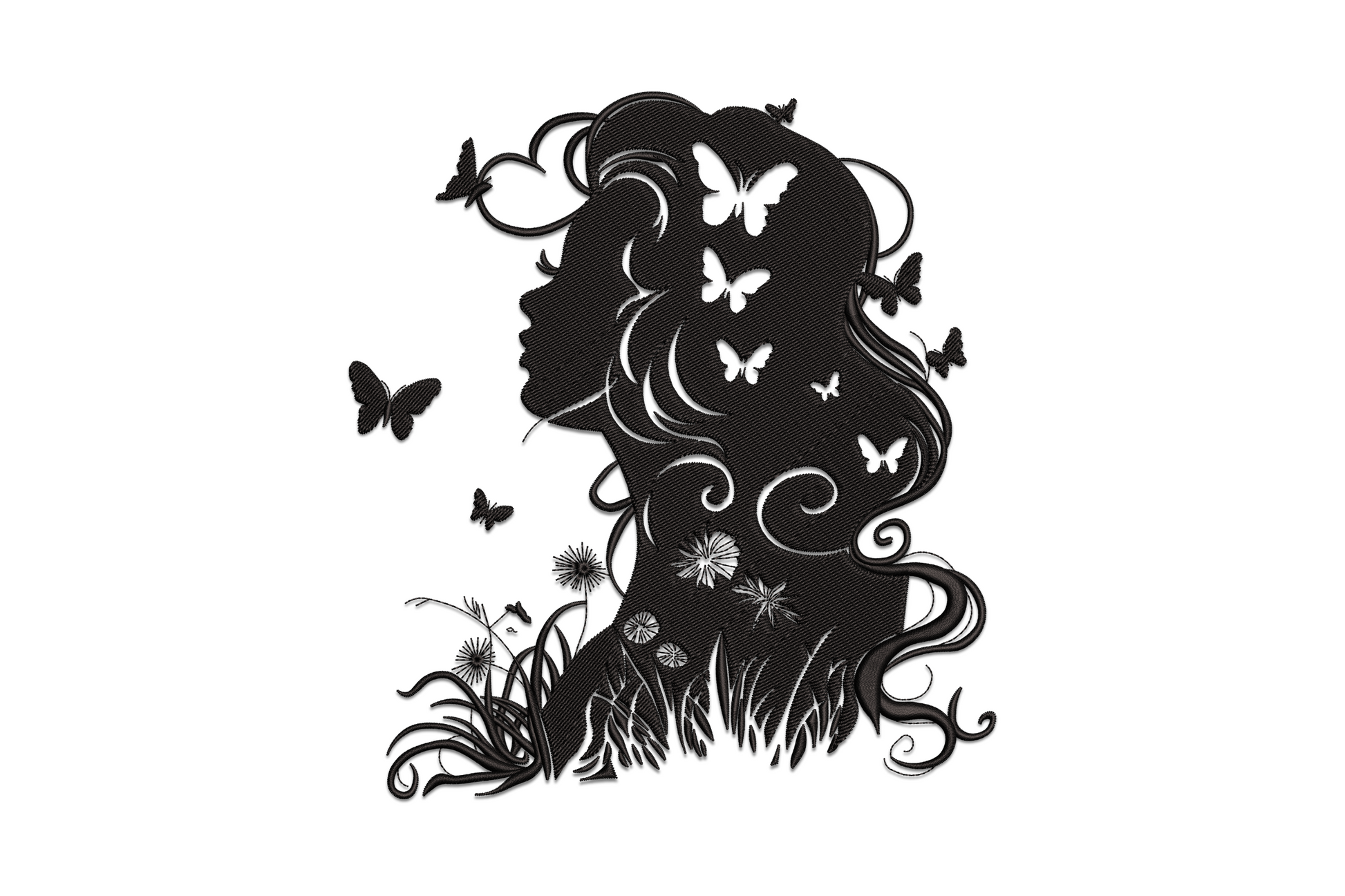 Woman silhouette embroidery design in solid black, flowing hair filled with white butterfly negative spaces, dandelion stems below, profile view.