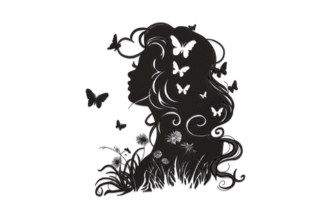 Woman silhouette embroidery design in solid black, flowing hair filled with white butterfly negative spaces, dandelion stems below, profile view.