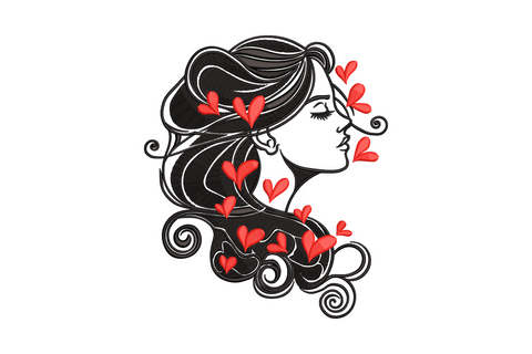 Woman silhouette with hearts embroidery design showing a clean feminine figure surrounded by scattered hearts in a 2-colour bold graphic style.
