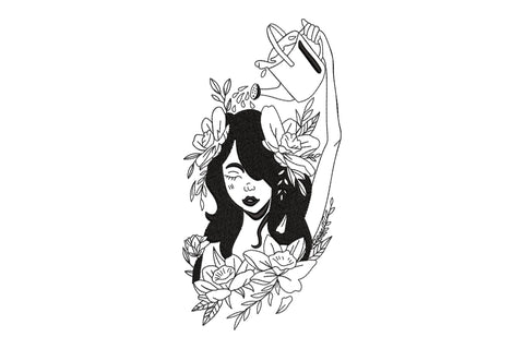 Woman watering flowers design: solid black hair, eyes closed, arm raised with watering can, botanical blooms around her.