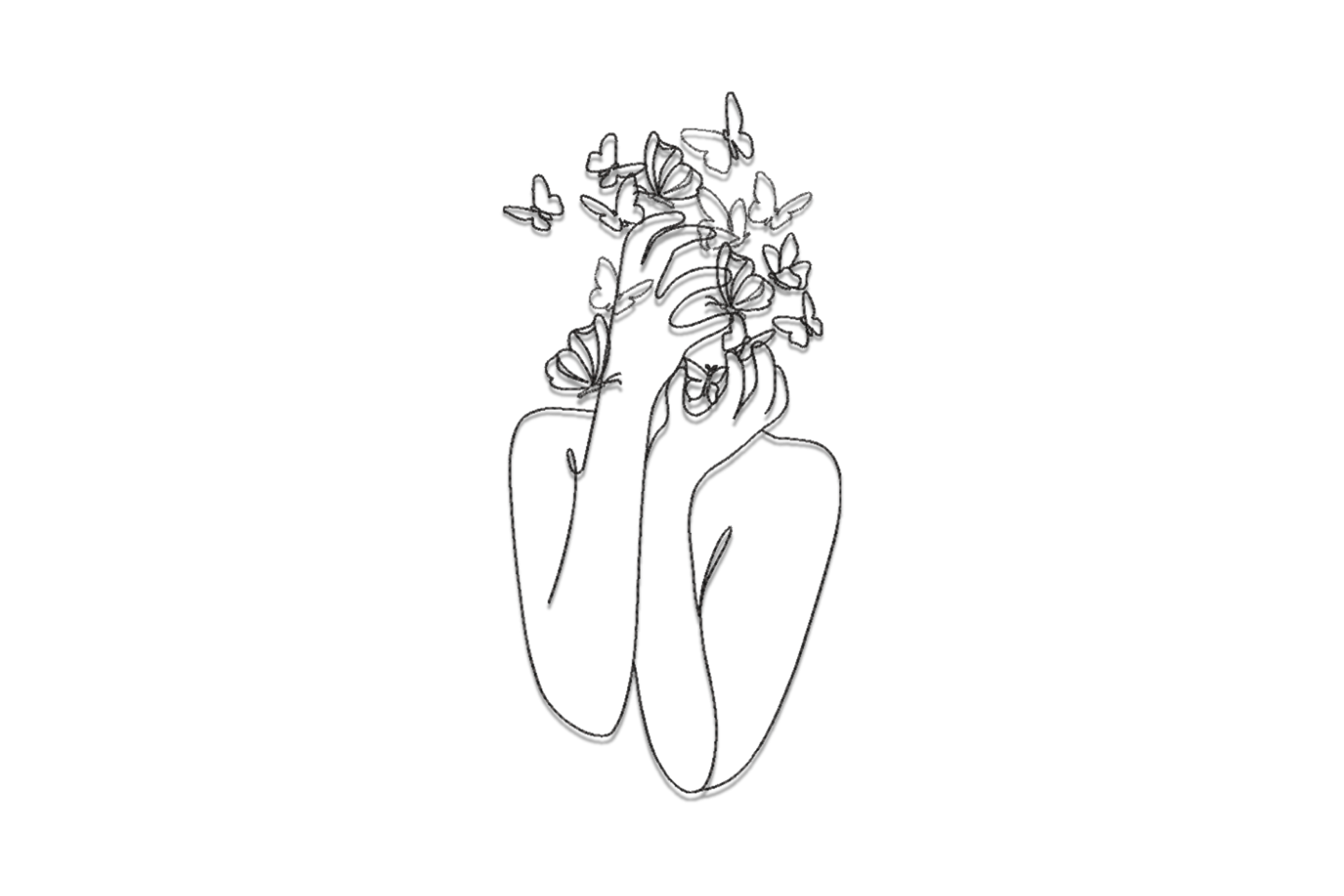 Woman with butterflies line art embroidery, female figure with scattered butterflies in single black outline, no fill