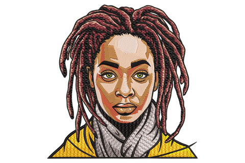 Side-profile embroidery portrait of a Black woman with long honey-brown dreadlocks, plum lips and a gold hoop earring