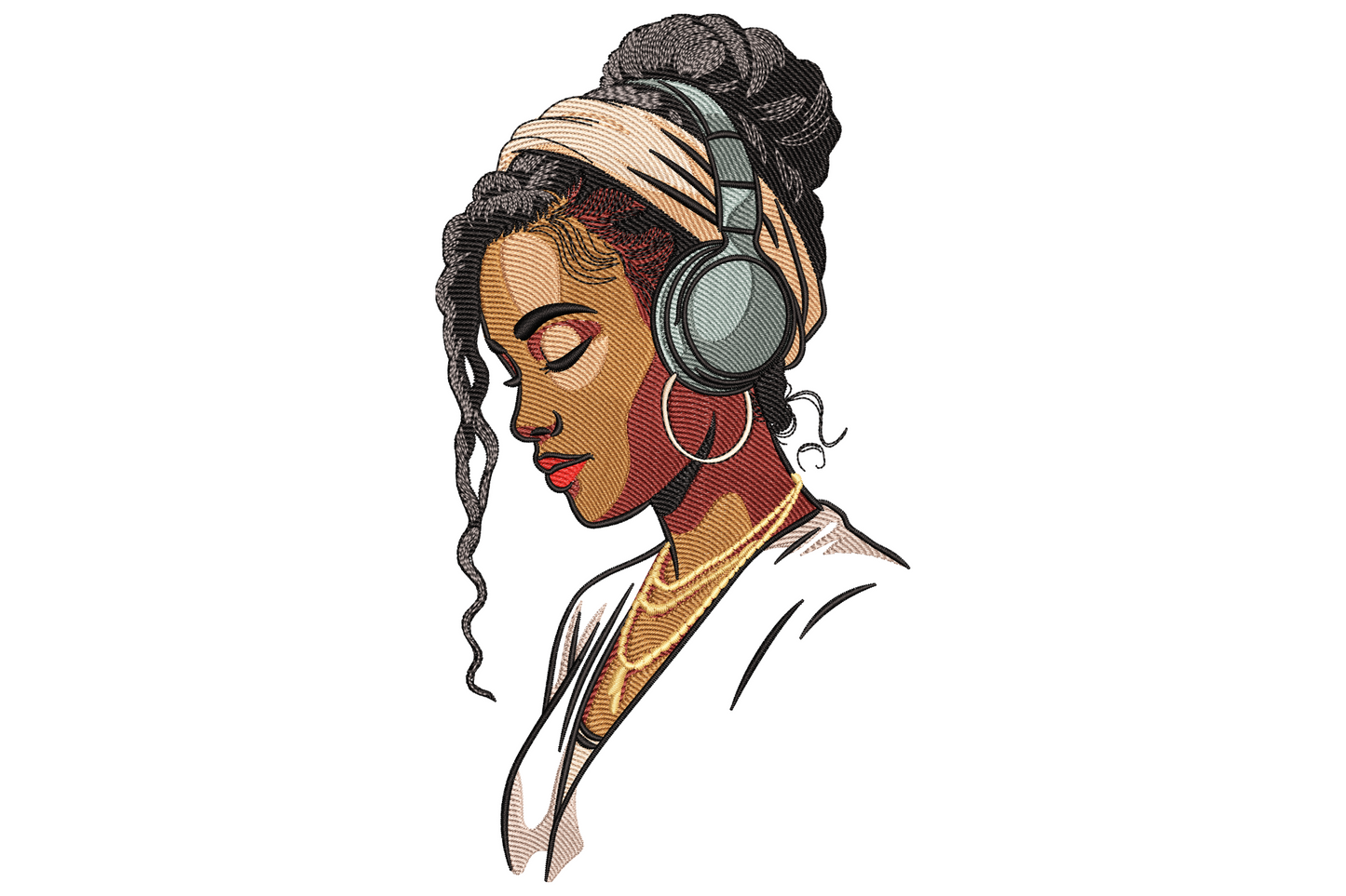 Black woman profile embroidery with locs bun, white headband, gold hoop and silver headphones, eyes closed listening.
