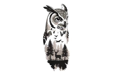 Black and white illustration of an owl with a forest design on a white background