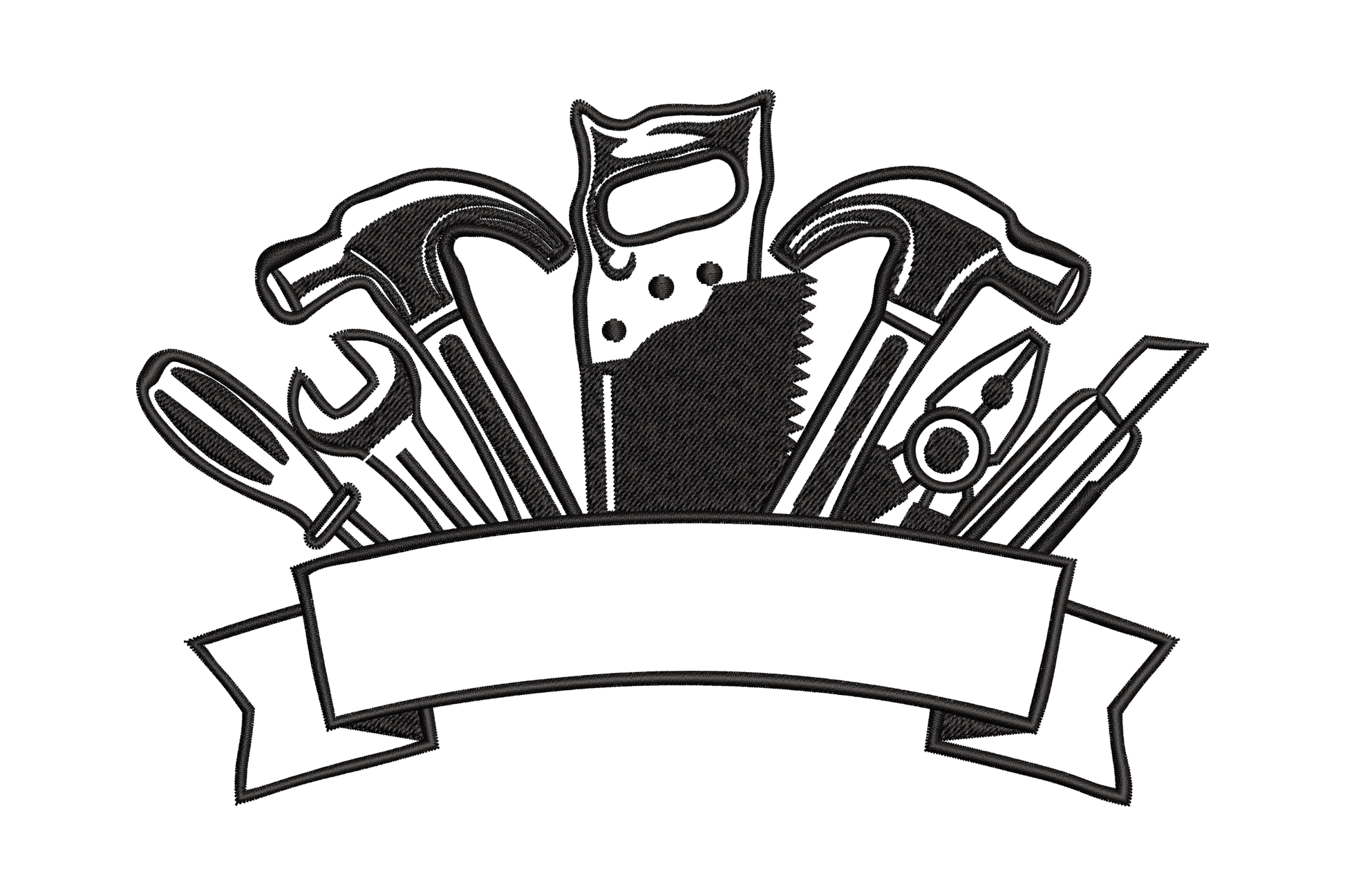 Workshop tools banner embroidery design - crown of hammers, saw, wrench and pliers above ribbon banner, black, 5 sizes