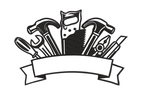 Workshop tools banner embroidery design - crown of hammers, saw, wrench and pliers above ribbon banner, black, 5 sizes