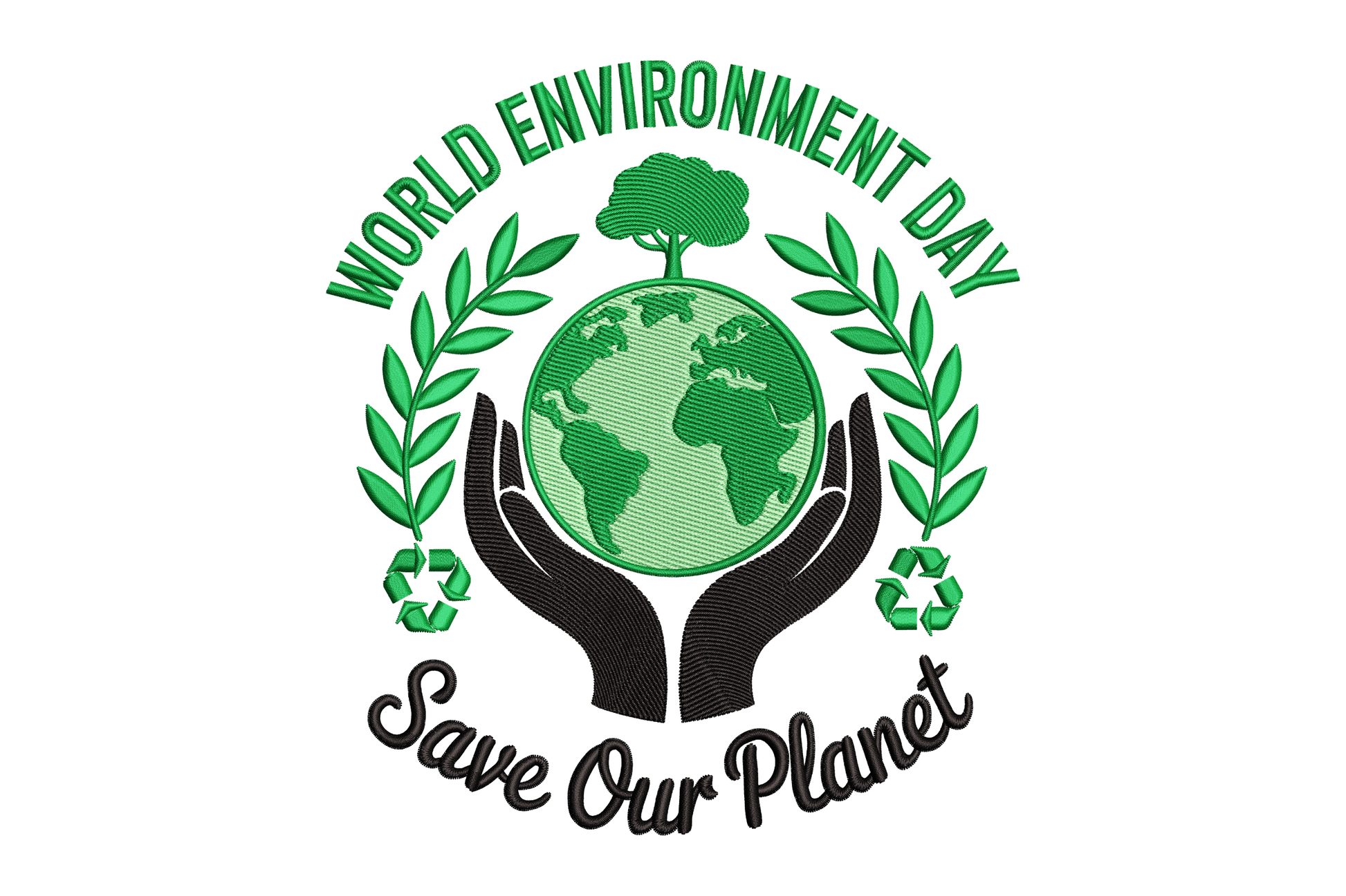 Logo for World Environment Day with hands holding a globe and greenery embroidery design