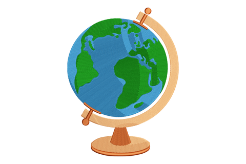 Cartoon-style globe with a wooden stand on a white background