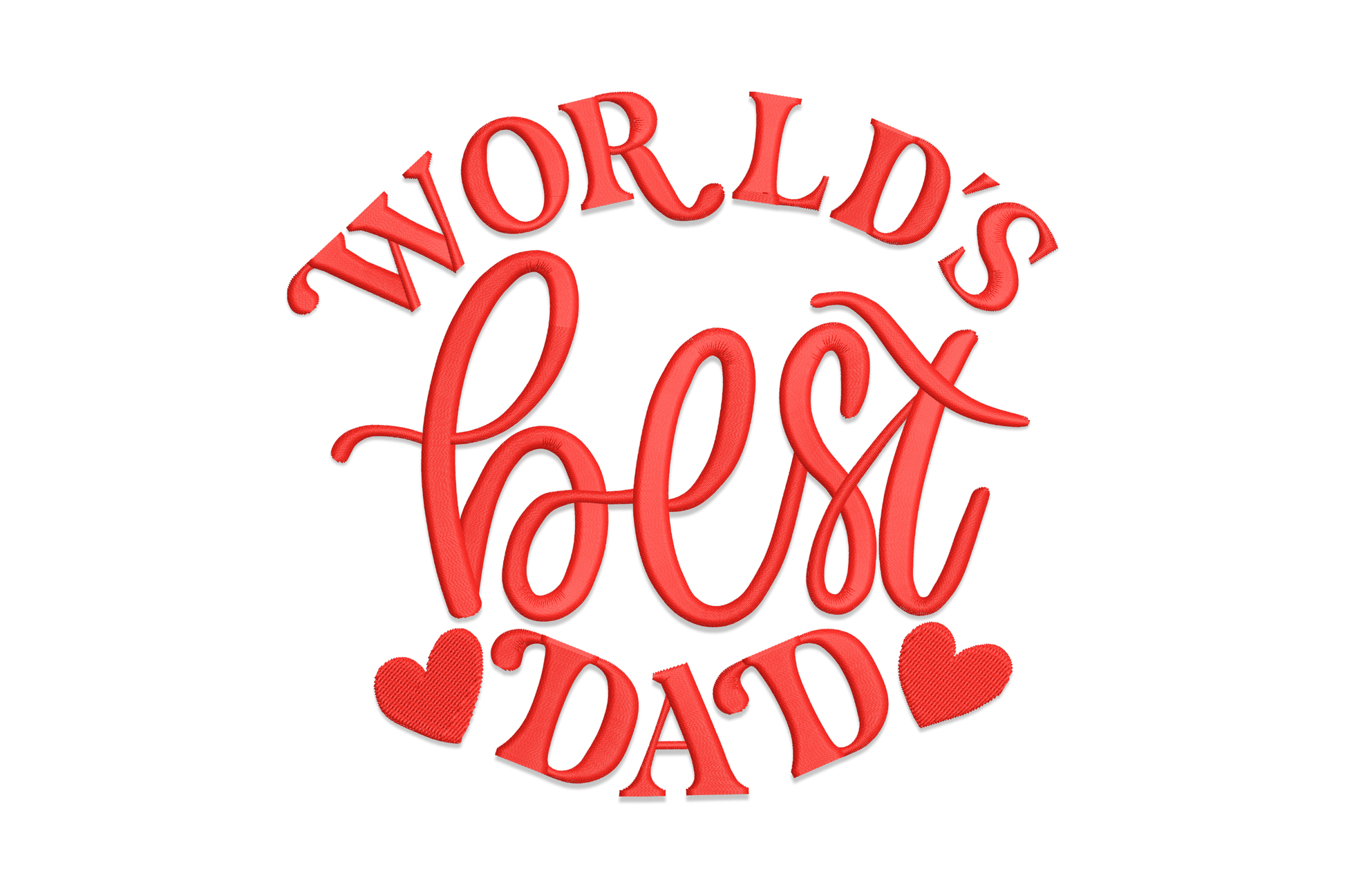 World's best dad embroidery in solid red circular badge with arched block caps, flowing script and two small hearts.