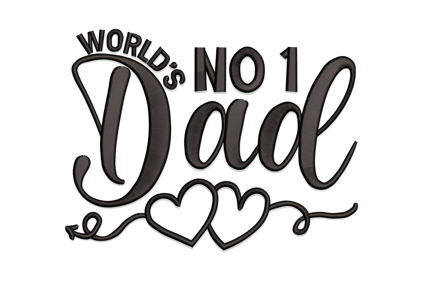World's No. 1 Dad embroidery design with bold block lettering and brush-script, two small outline hearts, single black thread on navy polo fabric.