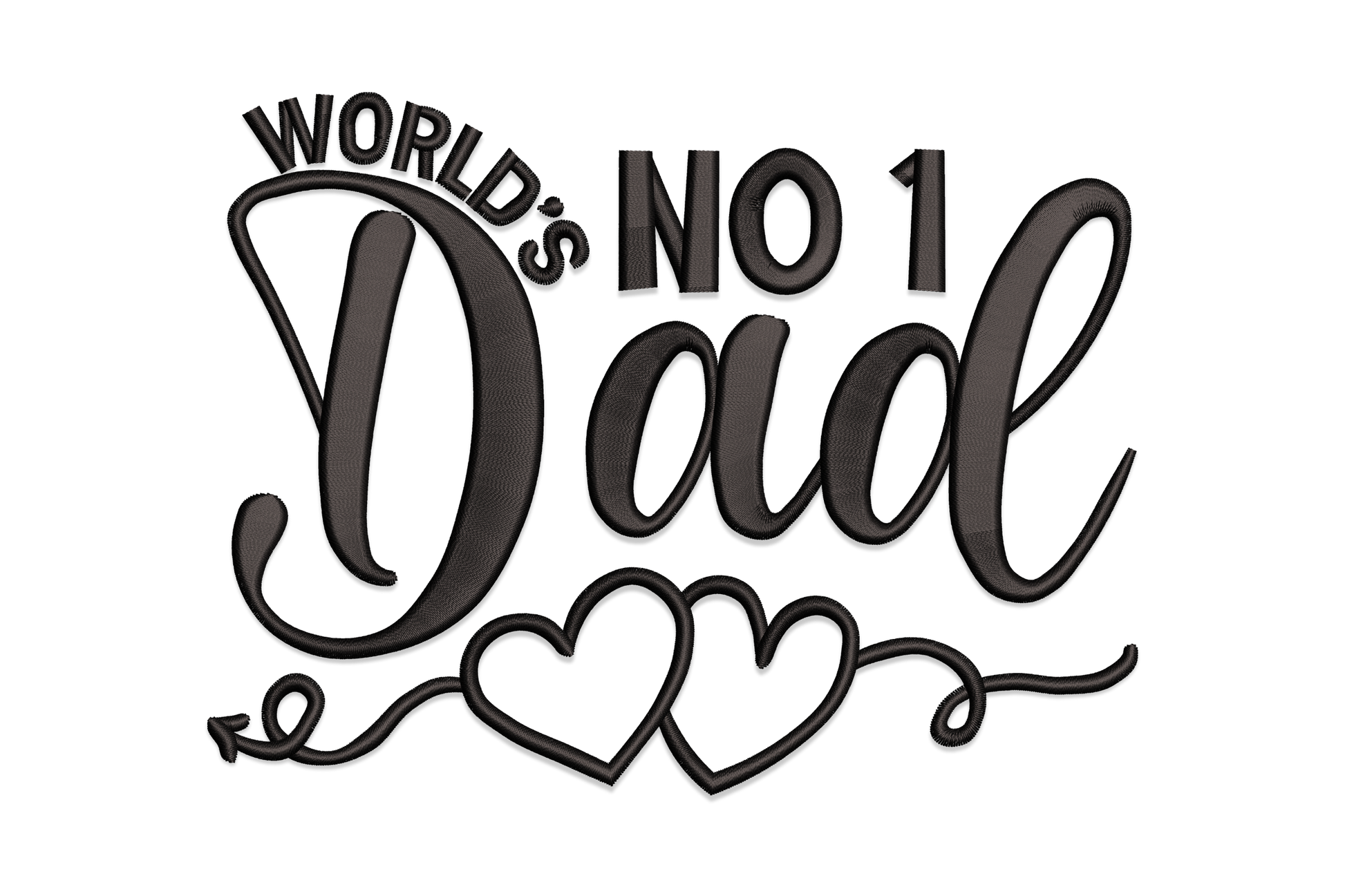 World's No. 1 Dad embroidery design with bold block lettering and brush-script, two small outline hearts, single black thread on navy polo fabric.