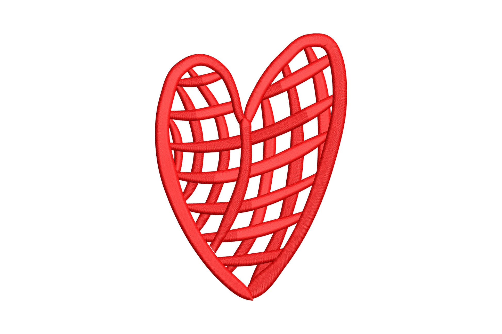 Woven heart outline machine embroidery design with interlaced satin border, single colour, 4 sizes from 2.51 to 5.51 inches