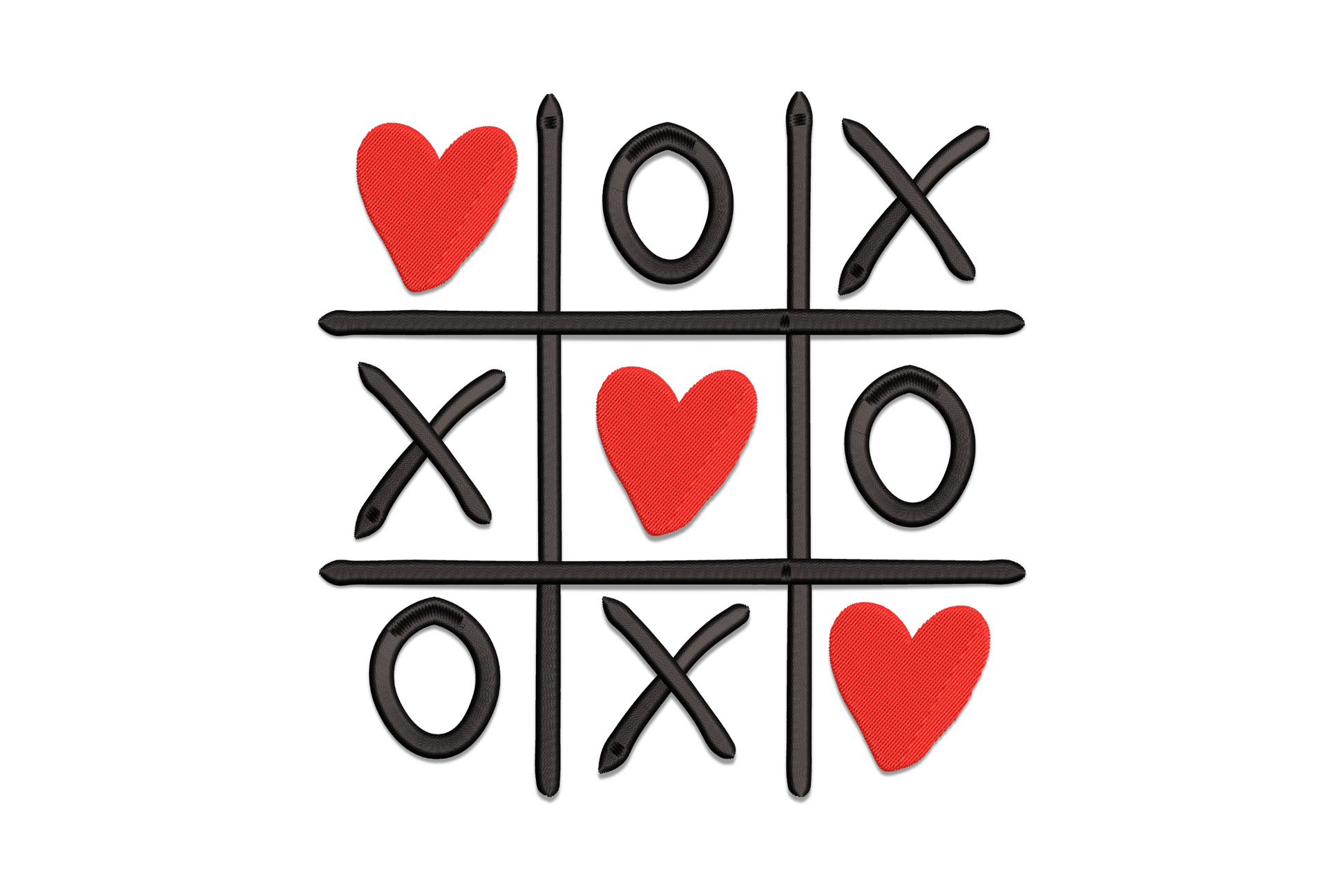 Tic tac toe grid embroidery with red filled hearts in three cells and black X and O marks in the remaining squares