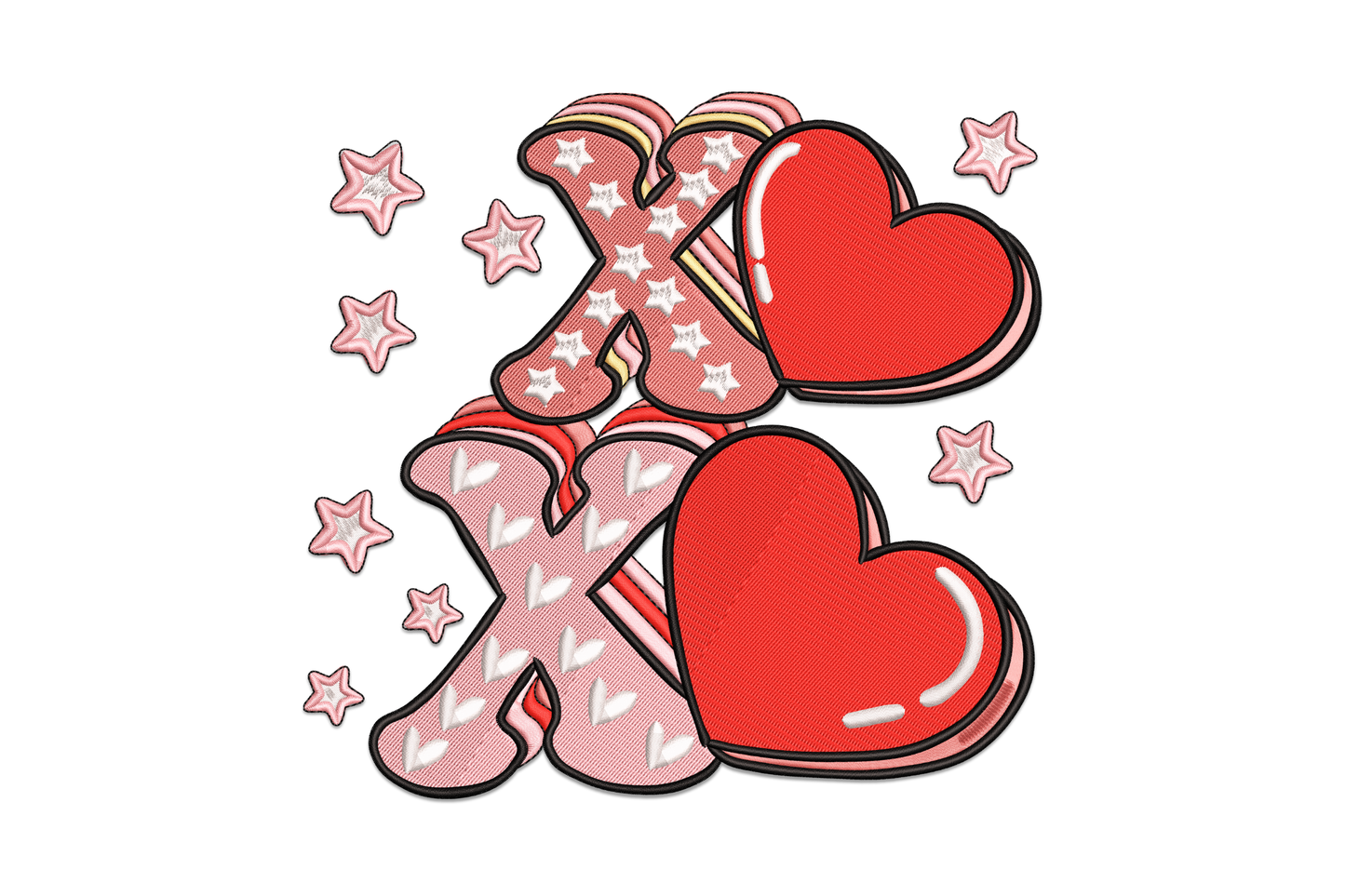 XO love hearts embroidery design with chunky satin letters and scattered hearts, 6 colours in red, pink and coral