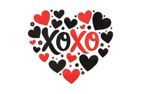 Valentine embroidery design with red and black XOXO lettering surrounded by scattered hearts in a large heart-shaped cluster