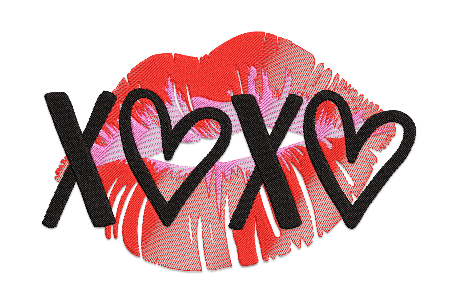 XOXO embroidery with bold black text over satin pink and red lips, heart shapes replacing the O letters, valentines design