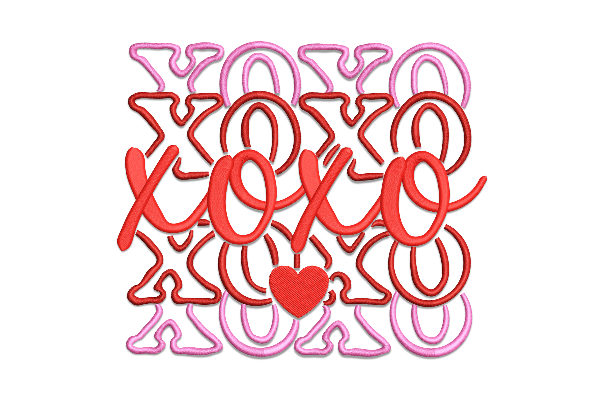 XOXO love pattern embroidery design with layered pink block letters and red cursive script overlay with small heart