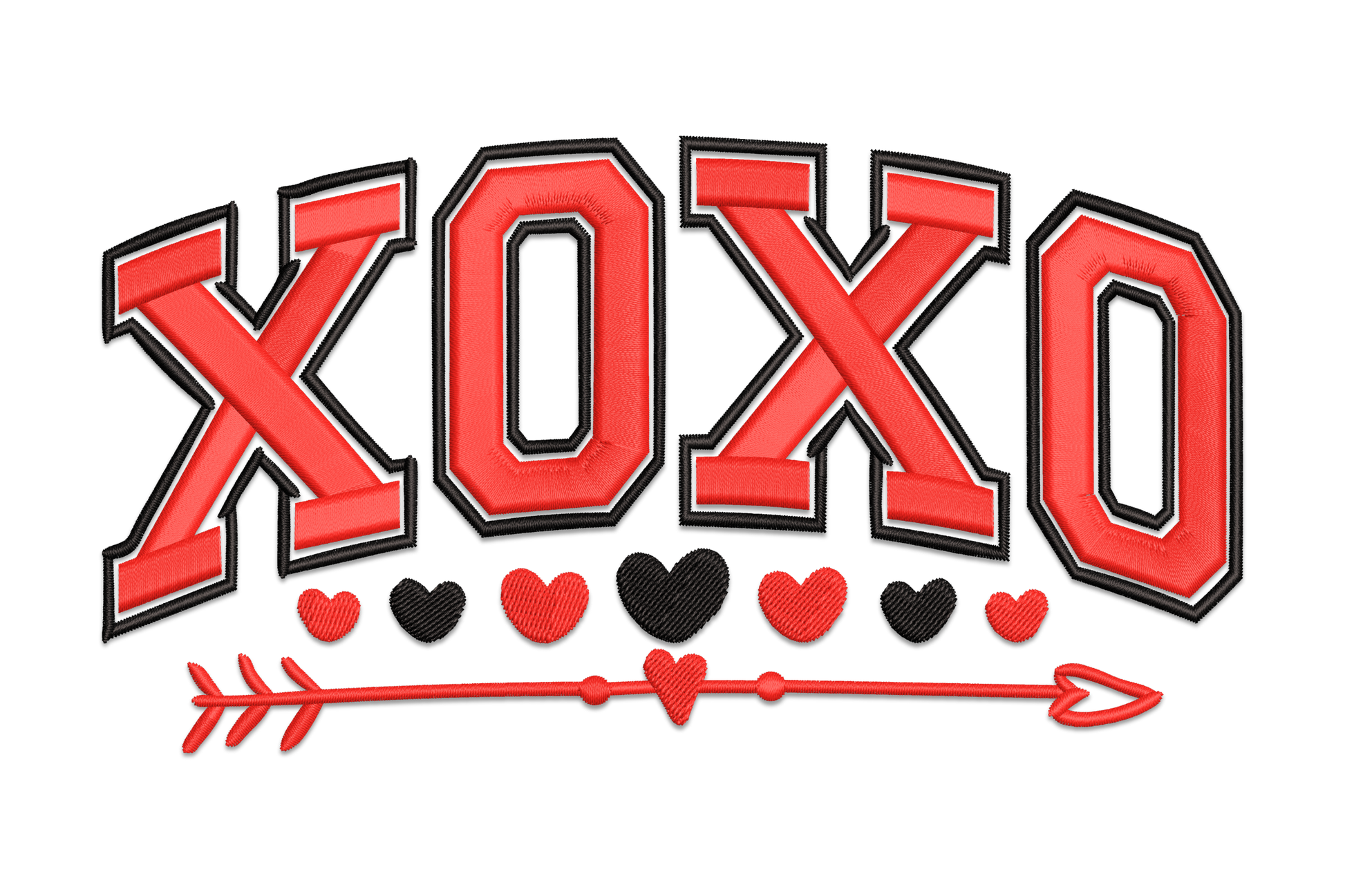 XOXO arrow valentine hearts embroidery, bold red lettering with diagonal arrow through the text, 2 colour design