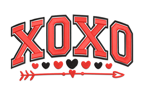 XOXO arrow valentine hearts embroidery, bold red lettering with diagonal arrow through the text, 2 colour design