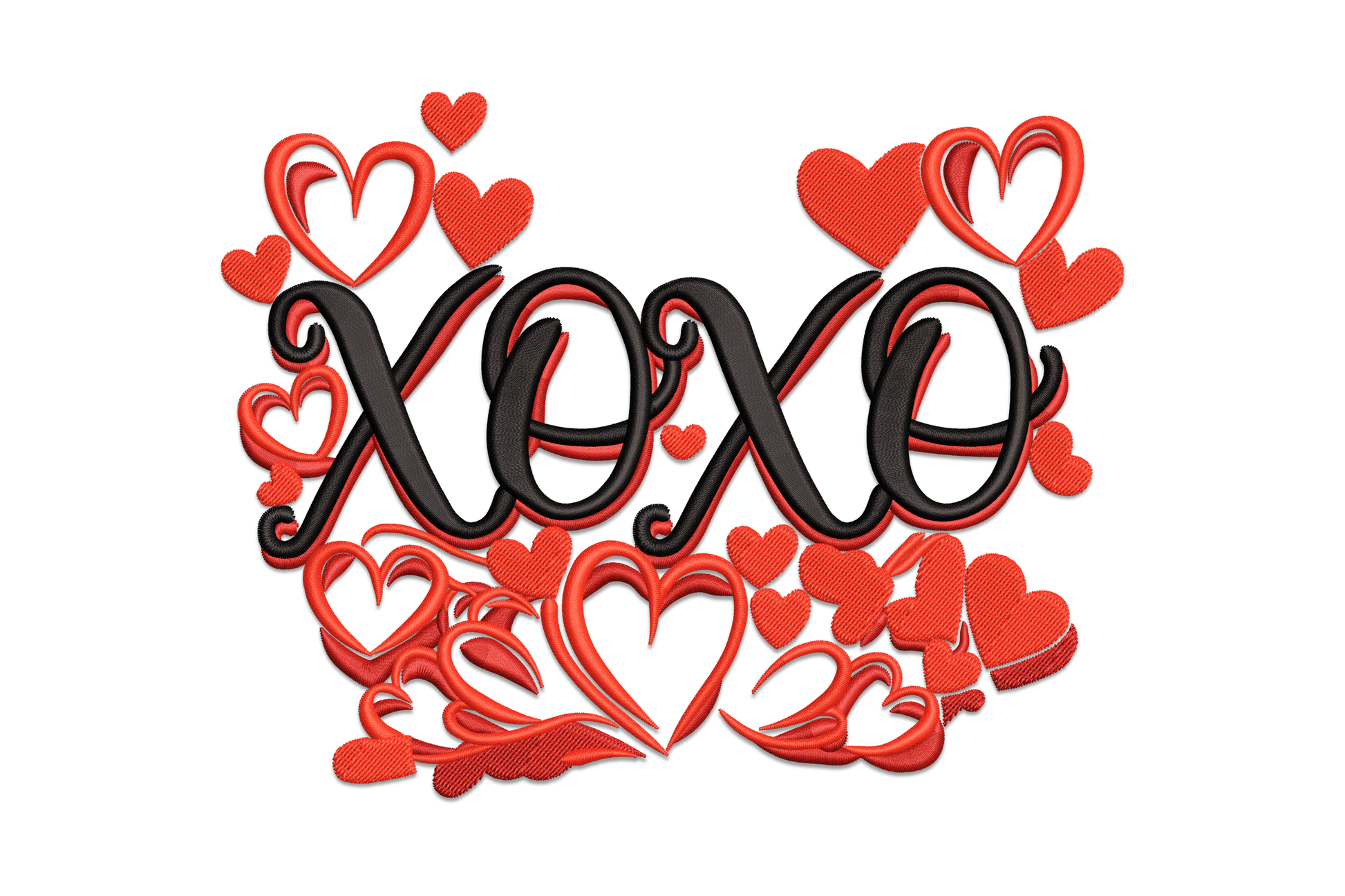 XOXO valentine hearts embroidery design with bold letters and integrated hearts, 3 colors on fabric