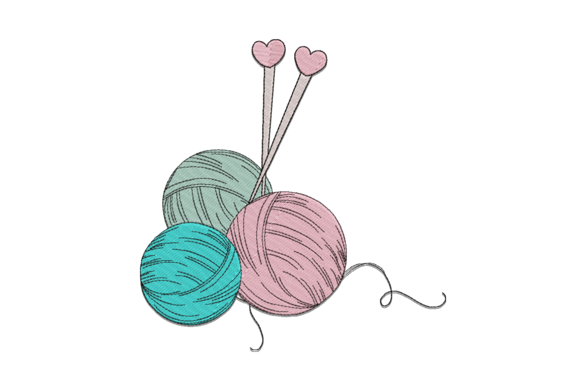 Three yarn balls pink sage aqua with knitting needles topped with pink hearts and a trailing thread tail.