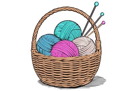Wicker basket machine embroidery design filled with cream, sage, rose, and yellow yarn balls with two wooden knitting needles tucked in at an angle.