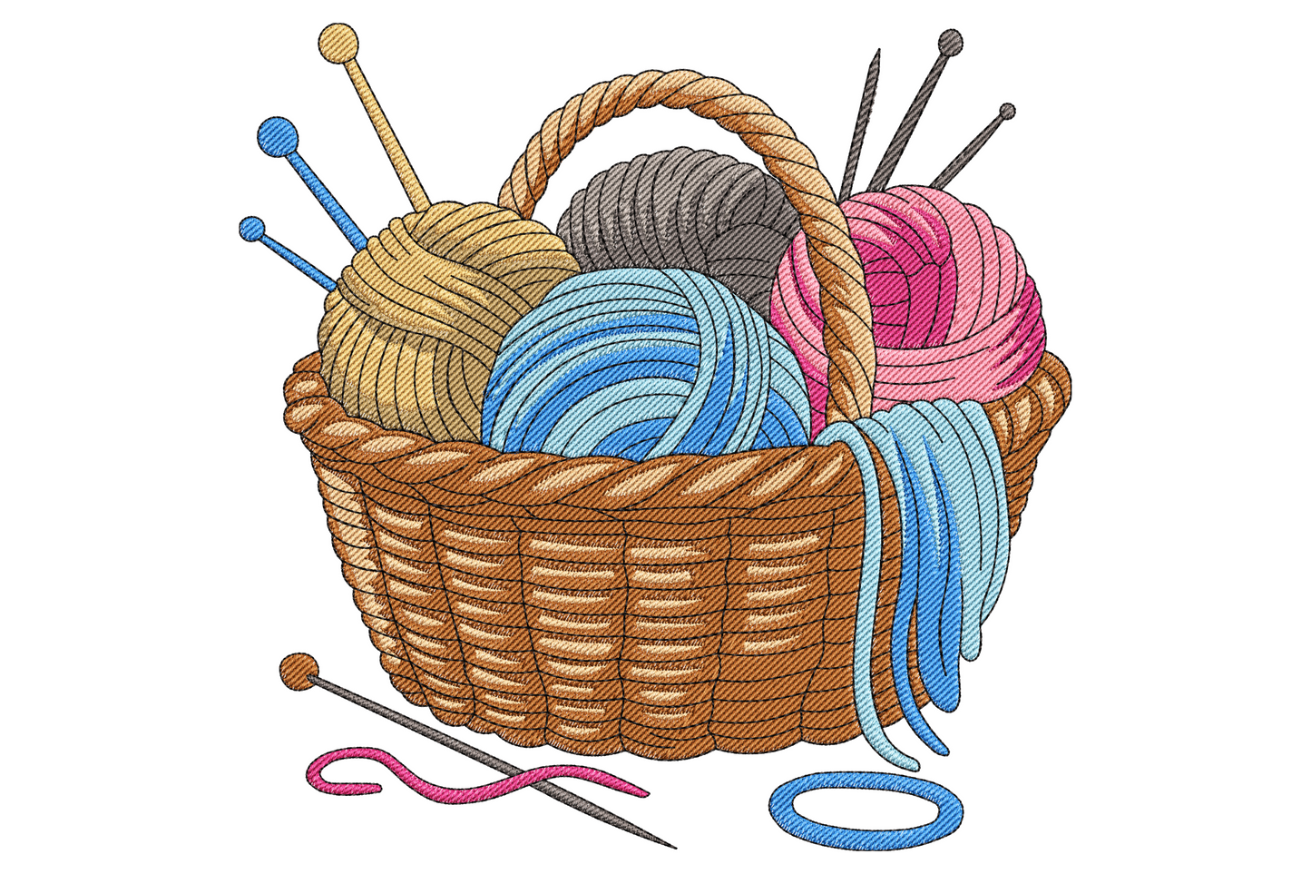 Brown wicker basket holding four yarn balls with knitting needles poking out plus a loose pink crochet hook below.