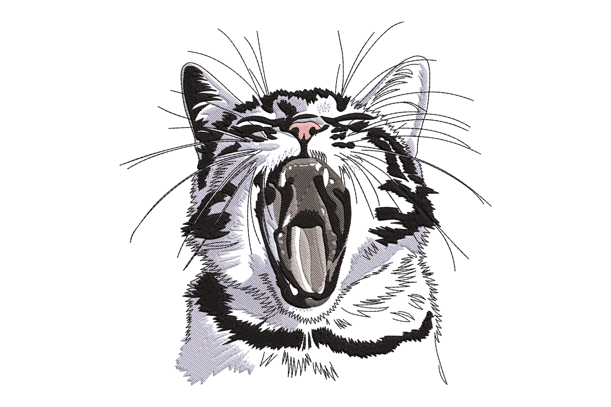 Yawning cat embroidery design, realistic tabby face with open mouth, pink tongue, whiskers and directional grey fur stitching.