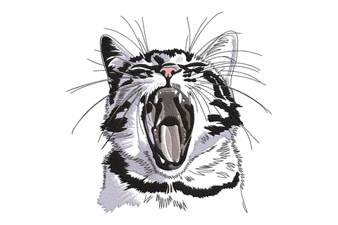 Yawning cat embroidery design, realistic tabby face with open mouth, pink tongue, whiskers and directional grey fur stitching.