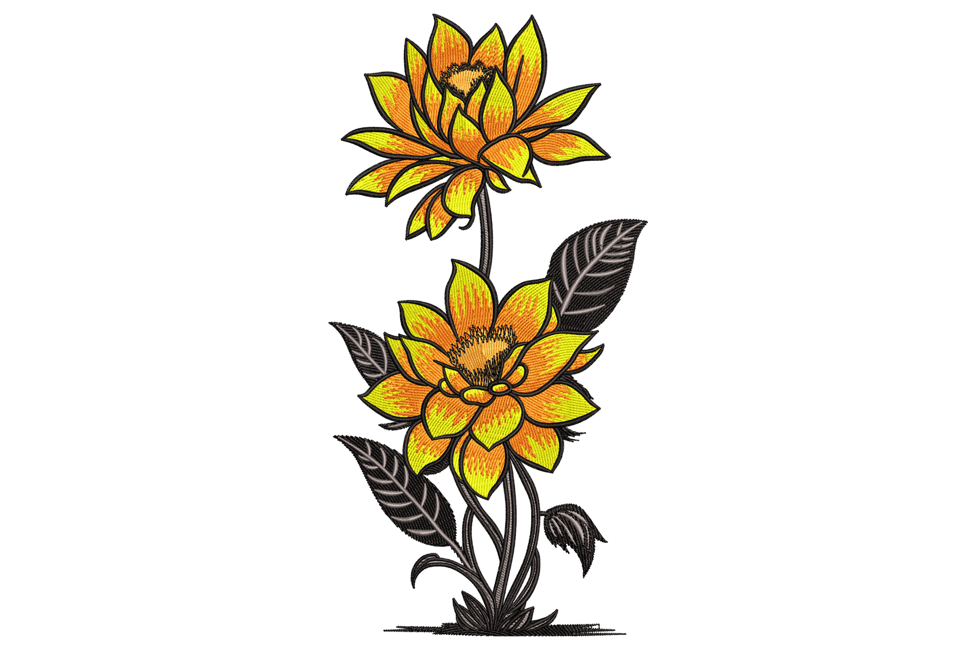 Tall single-stem yellow bloom embroidery design with layered satin petals, olive leaves, and six-colour botanical palette on white ground.