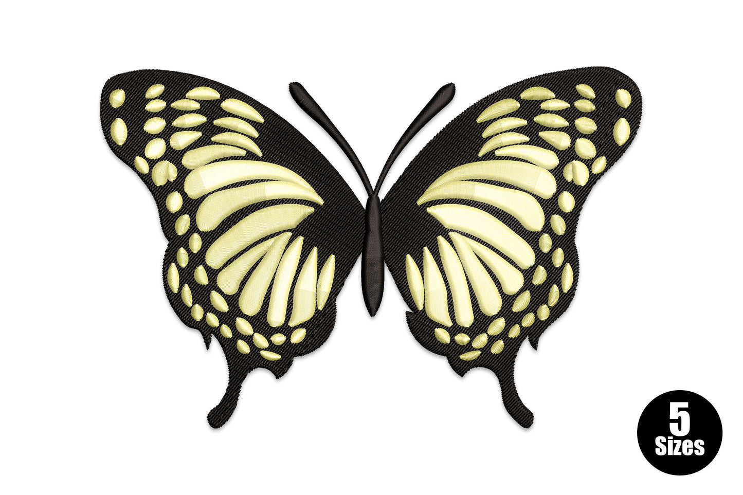 Yellow butterfly machine embroidery design with directional wing fill and black outline vein details, 5 sizes 8212 to 26812 stitches for nature themed projects