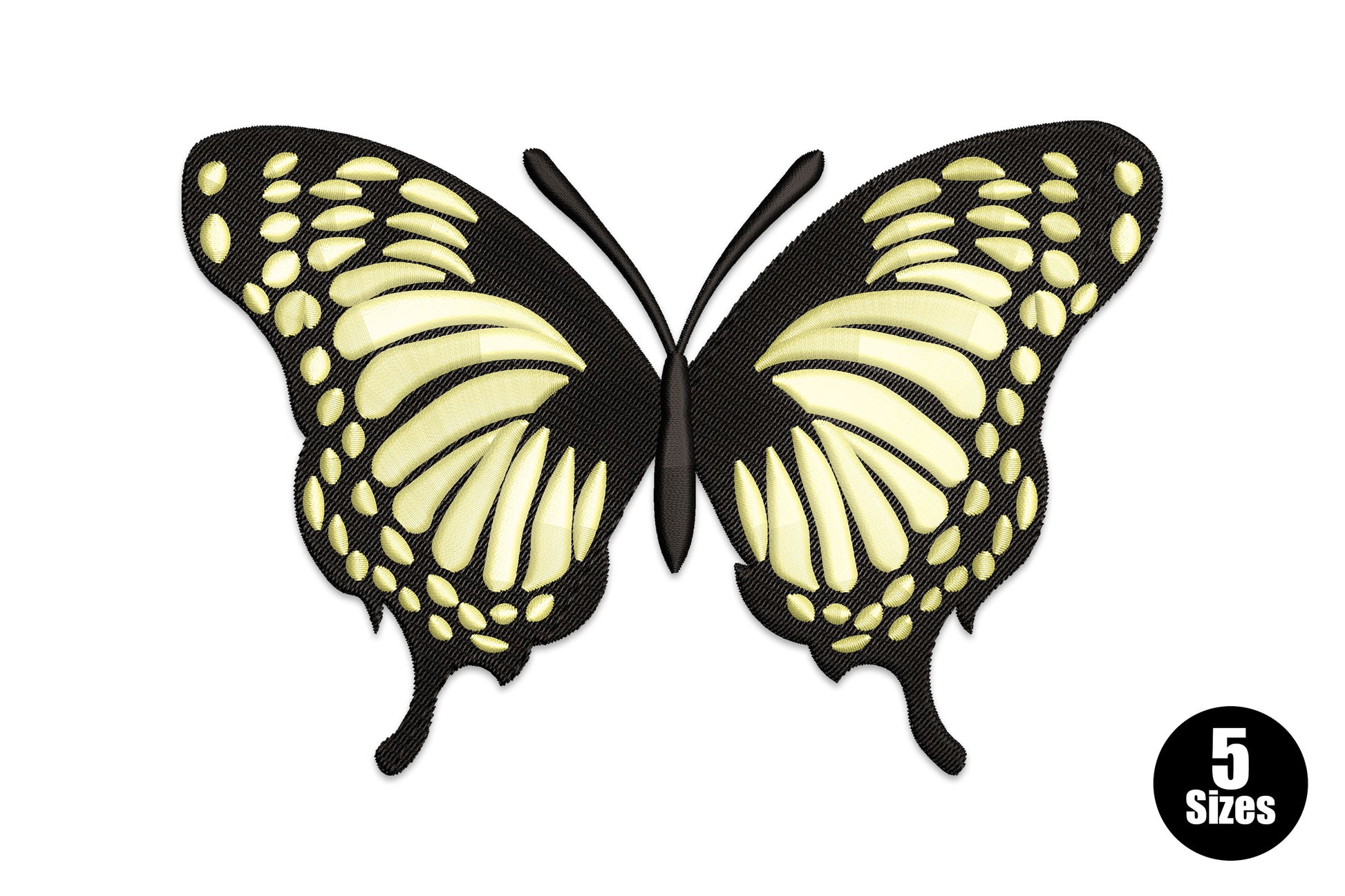 Yellow butterfly machine embroidery design with directional wing fill and black outline vein details, 5 sizes 8212 to 26812 stitches for nature themed projects