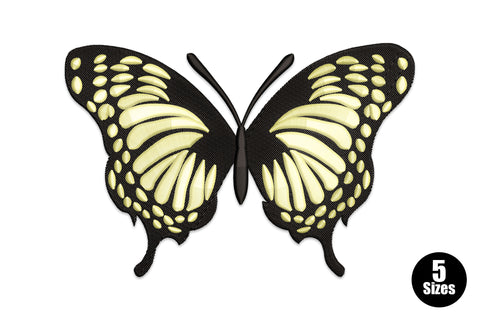 Yellow butterfly machine embroidery design with directional wing fill and black outline vein details, 5 sizes 8212 to 26812 stitches for nature themed projects