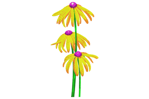 Yellow coneflower embroidery design with three echinacea blooms on tall green stems, droopy petals, pink magenta cones
