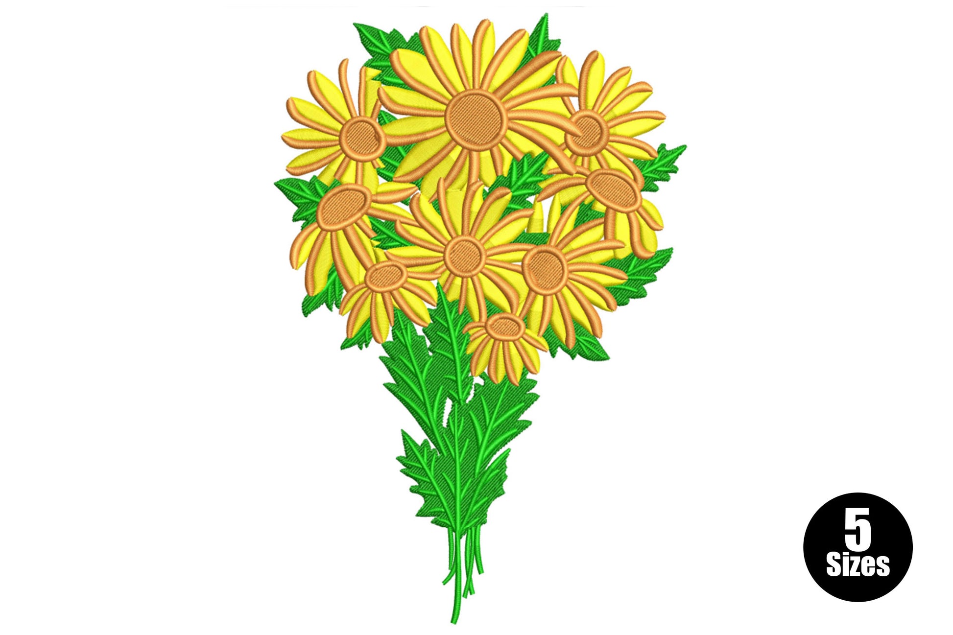 Yellow daisy bouquet embroidery design with nine daisy flowers, orange centres and dark green stems tied into a rounded bunch.