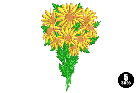 Yellow daisy bouquet embroidery design with nine daisy flowers, orange centres and dark green stems tied into a rounded bunch.