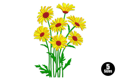 Yellow daisy wildflower cluster embroidery, 8 heads on tall stems, yellow satin petals, dark red centres, 4 colours