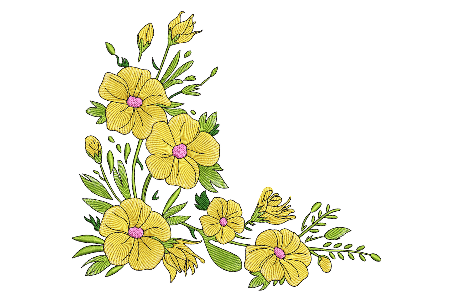 Yellow floral corner embroidery with clustered blooms, curved stems and green leaves in an L-shaped botanical arrangement.