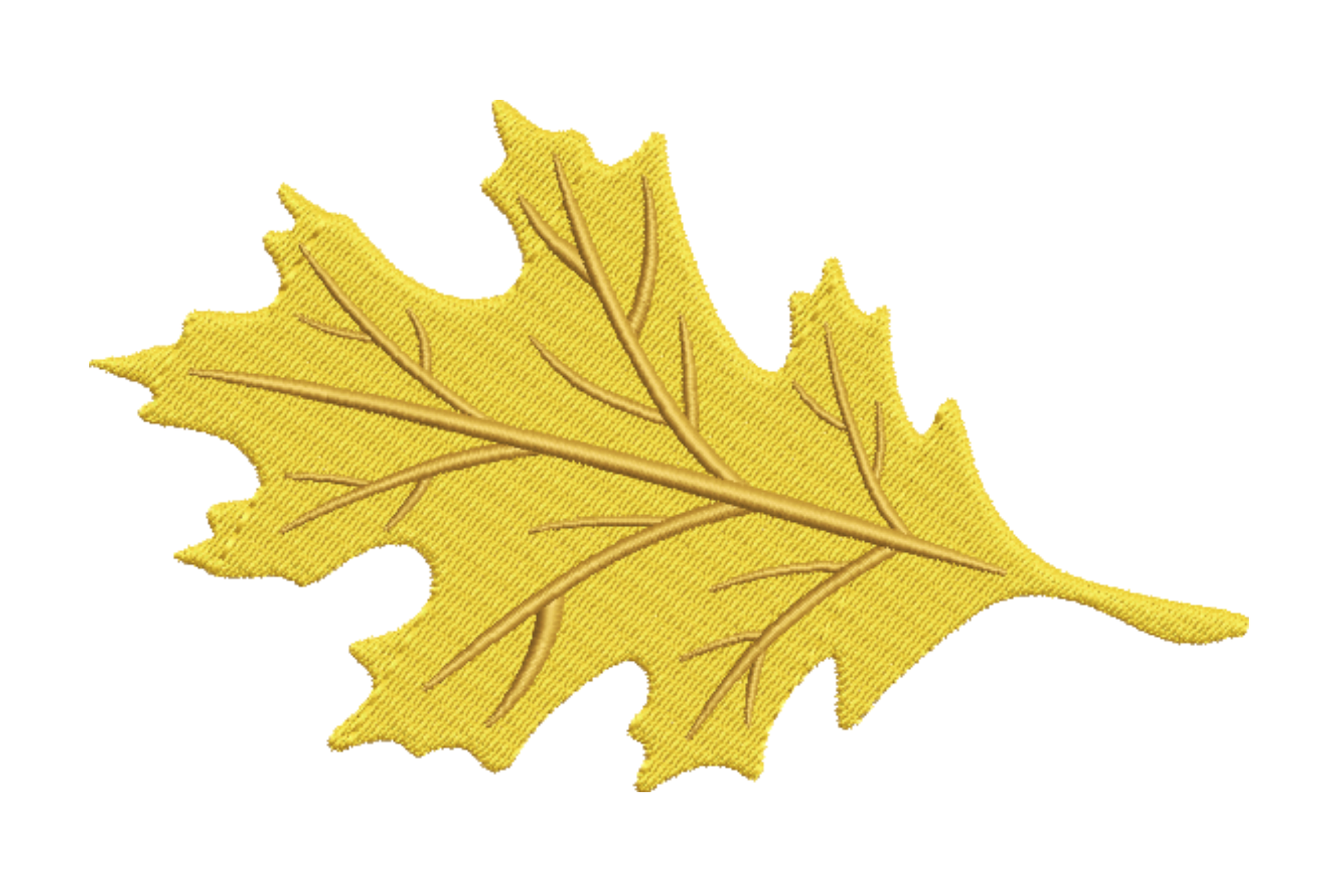 Yellow oak leaf embroidery: golden tatami fill, deeply lobed jagged silhouette, warm tan veins from spine to lobe tips.